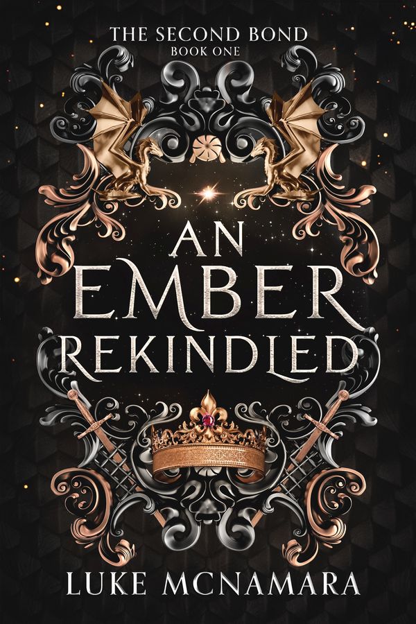 Cover of An Ember Rekindled - two gold dragons flanking a crown on black dragon scale